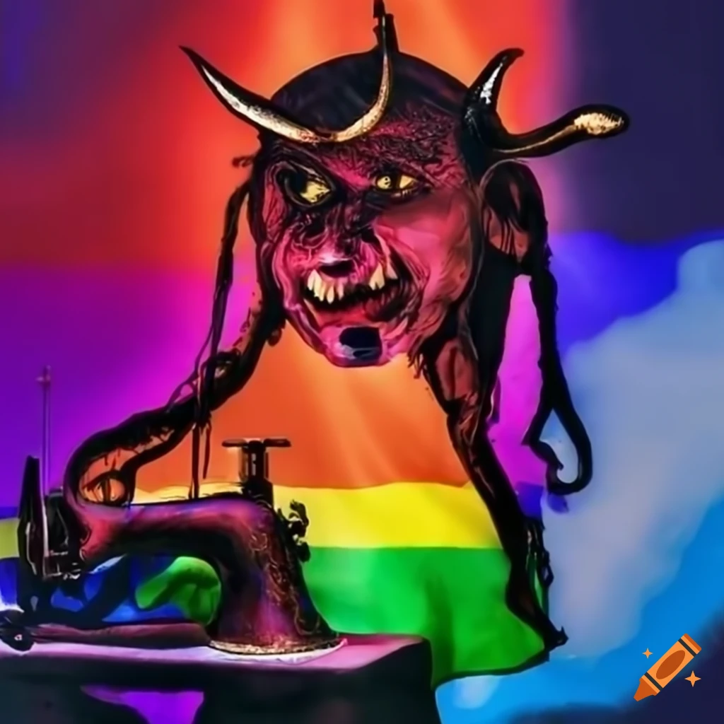 Surreal artwork of a devil sewing a pride flag on Craiyon