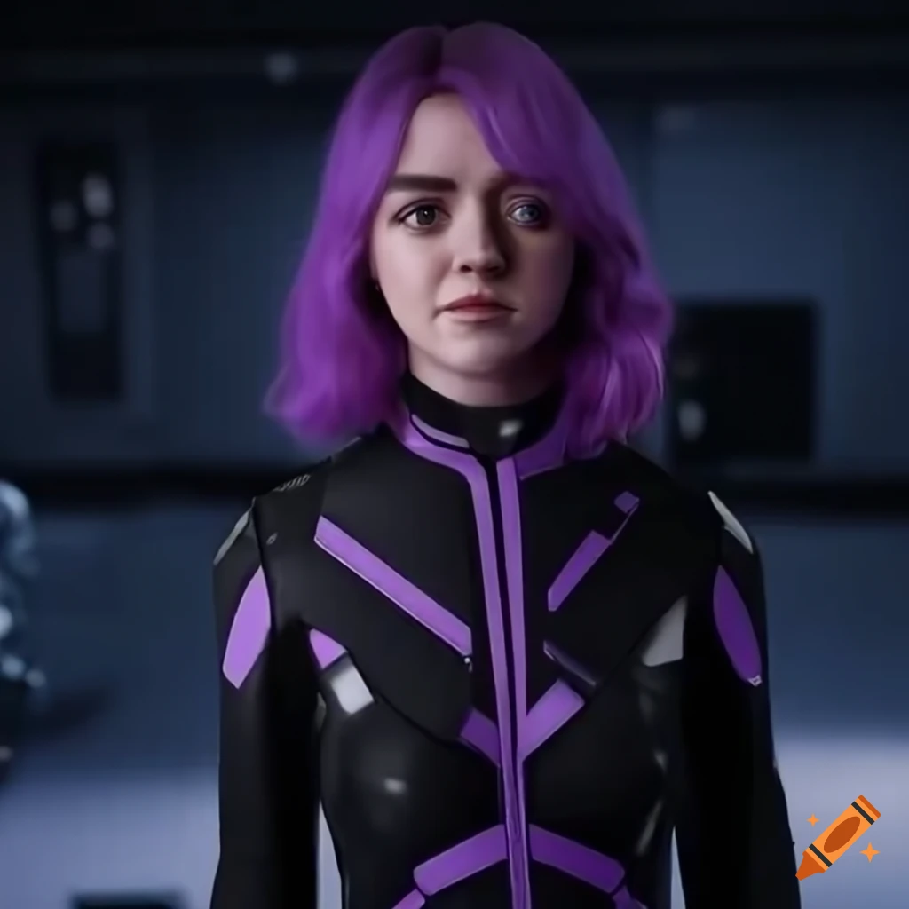 Sci-fi girl with purple hair and robots in a futuristic room on Craiyon