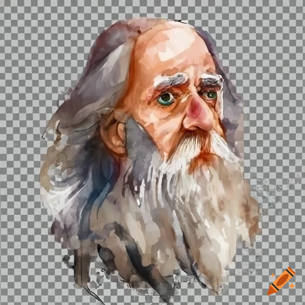 watercolor portrait of an old man with gray beard and long hair