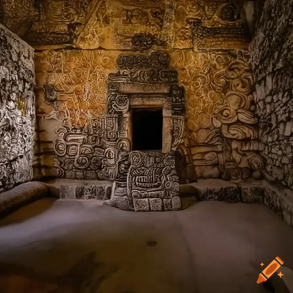 Mayan shrine in a stone room with symbolic walls