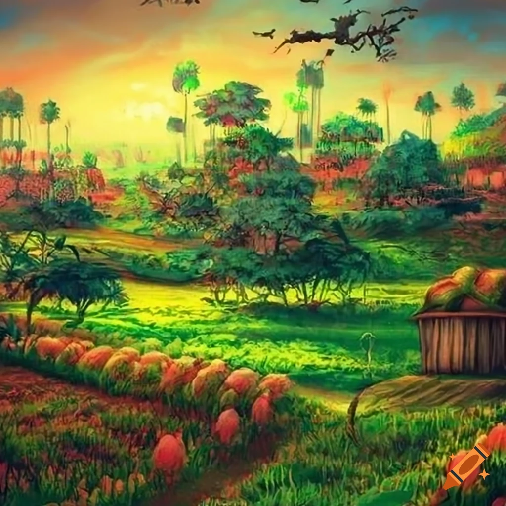 fantasy art of a tropical orchard landscape