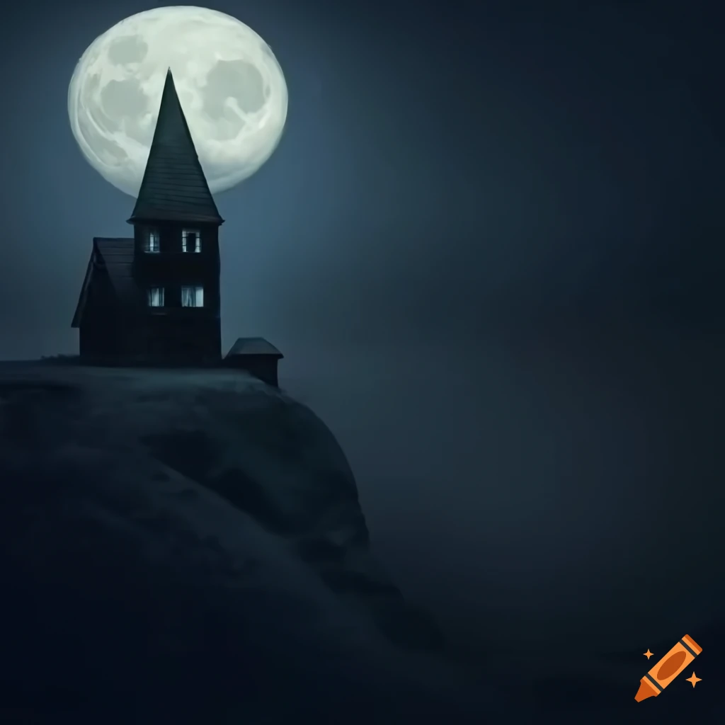 haunted house at night with blue moonlight
