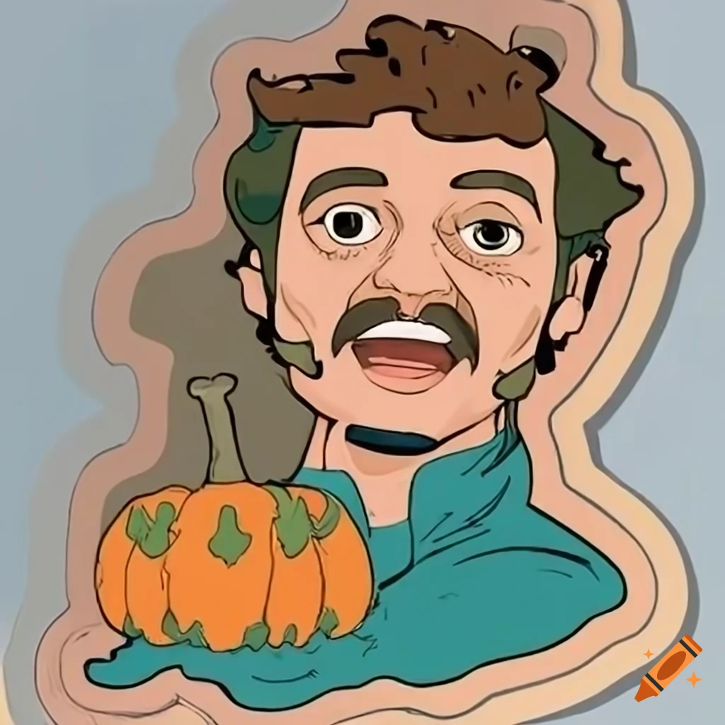 Cartoon sticker of pedro pascal with a pumpkin on Craiyon