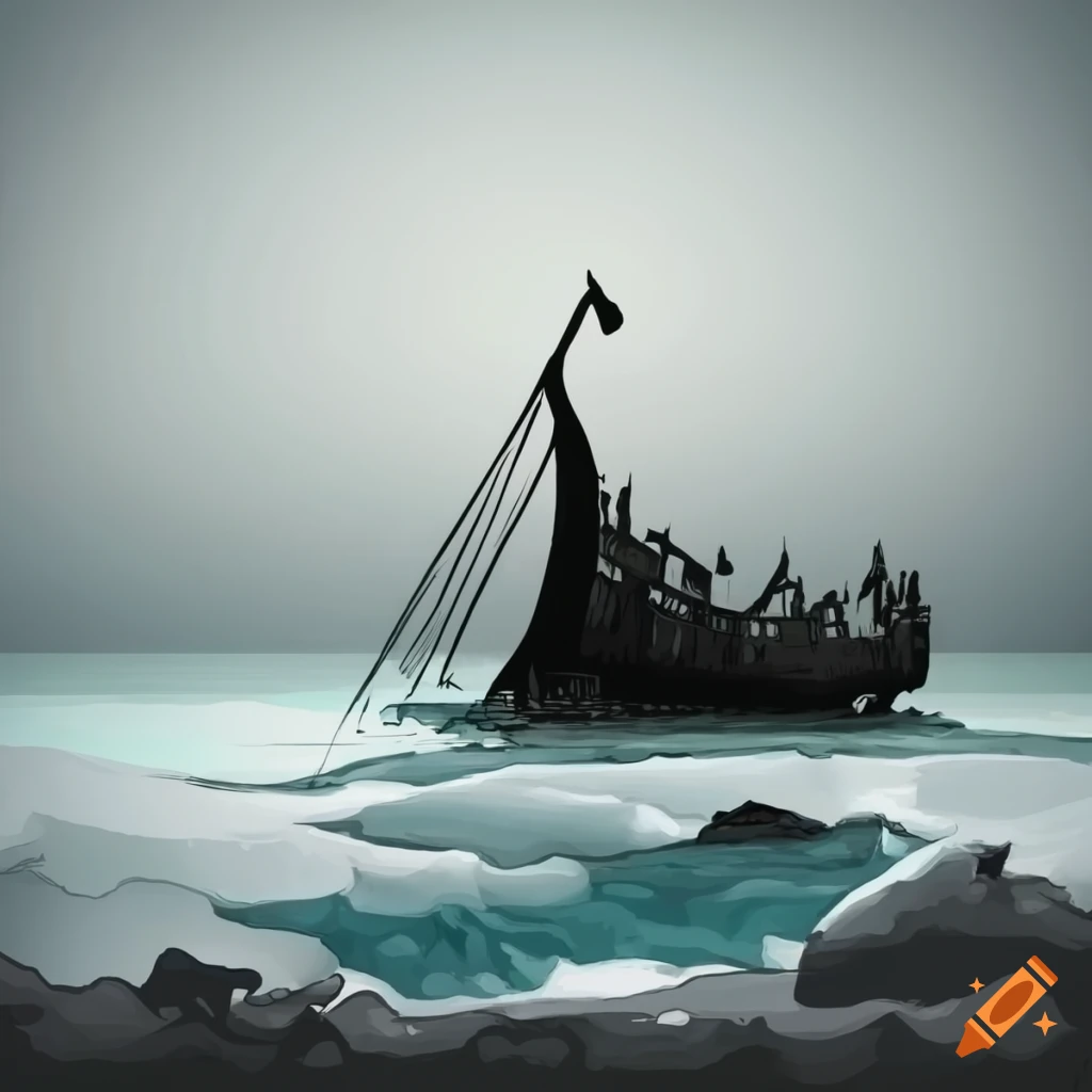 black and white illustration of a viking shipwreck on an island