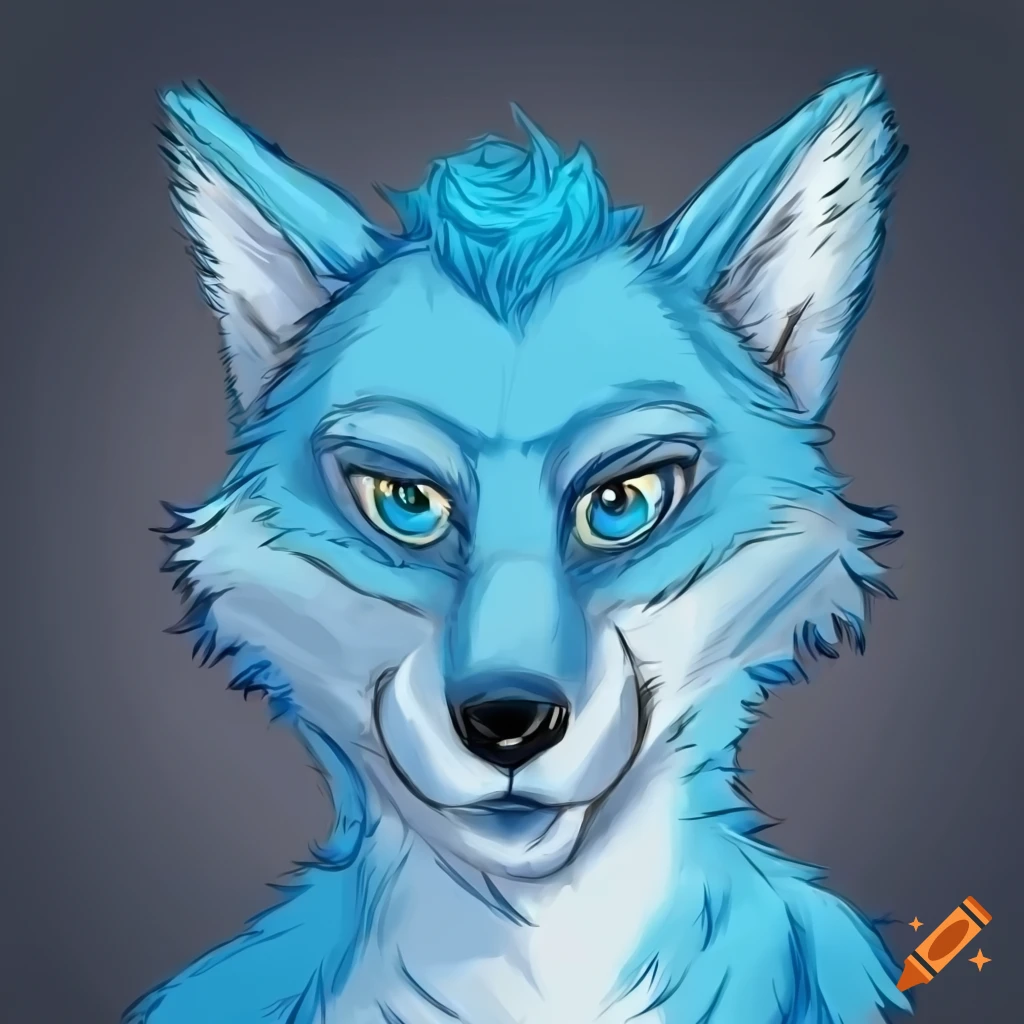 Cartoon drawing of a winking blue furry wolf head