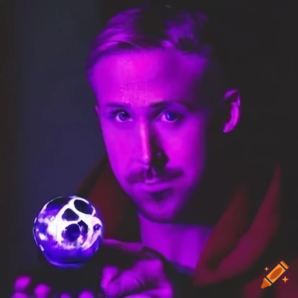 Ryan gosling holding a glowing purple orb