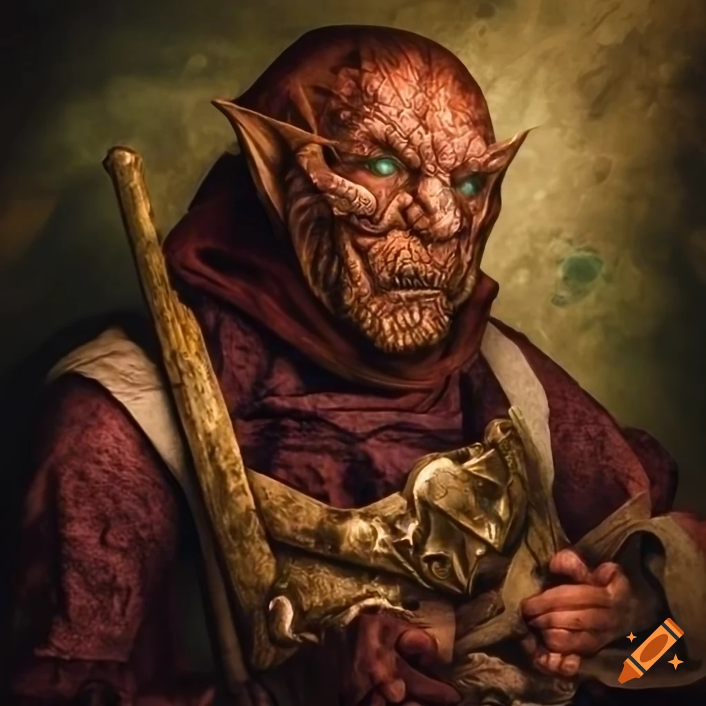 portrait of an old Dragonborn sorcerer with copper scales