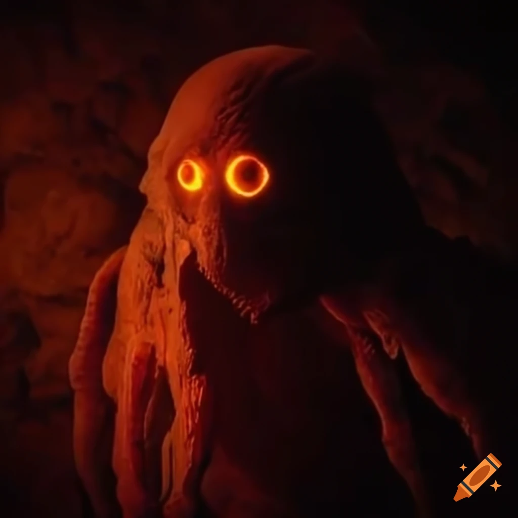 creature with glowing eyes emerging from a dark cavern