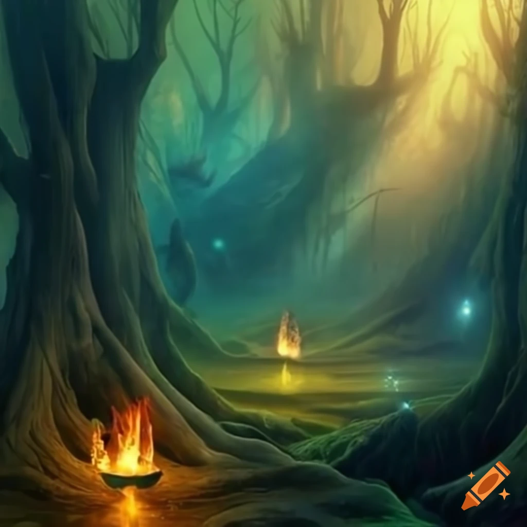 mysterious lights in a fantasy forest