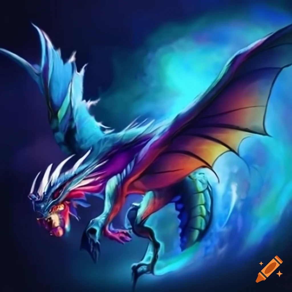 Blue dragon soaring through a thunderstorm