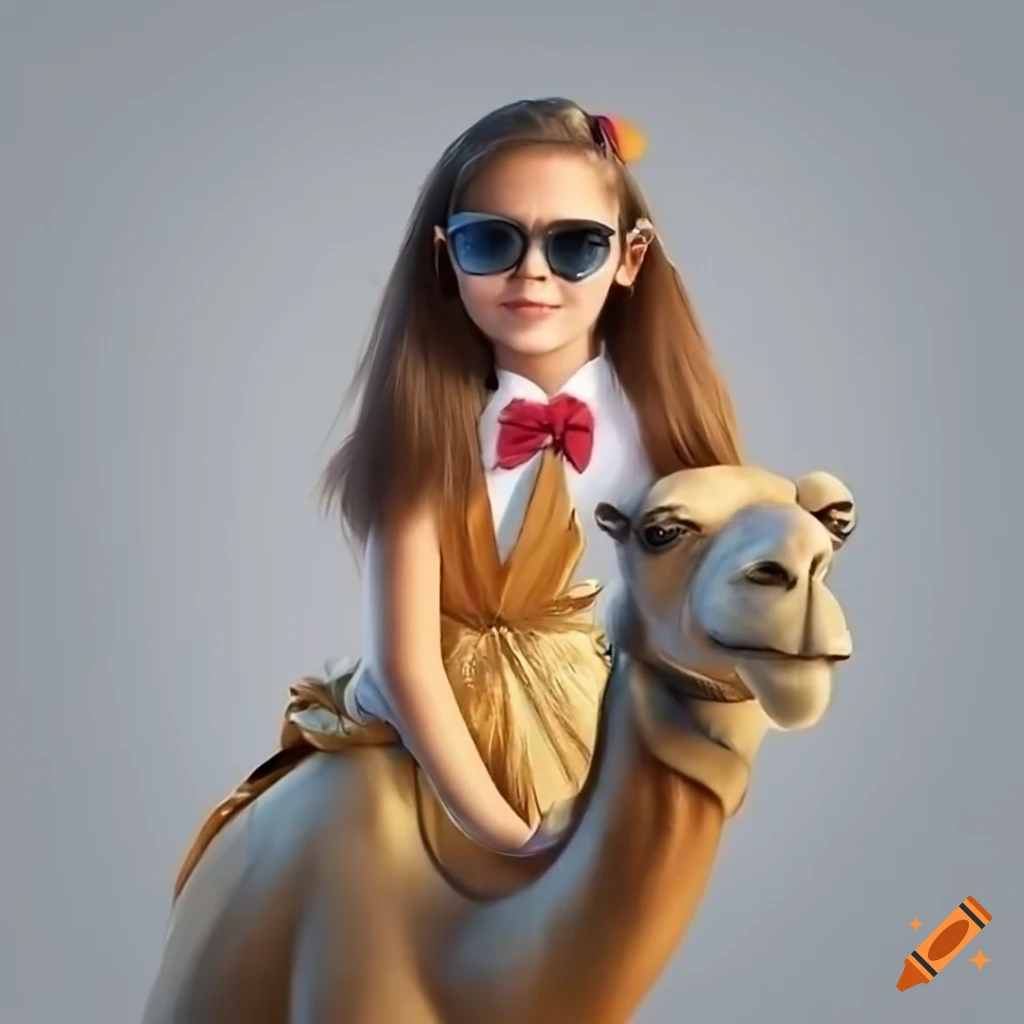 young girl riding a camel in a gold tuxedo