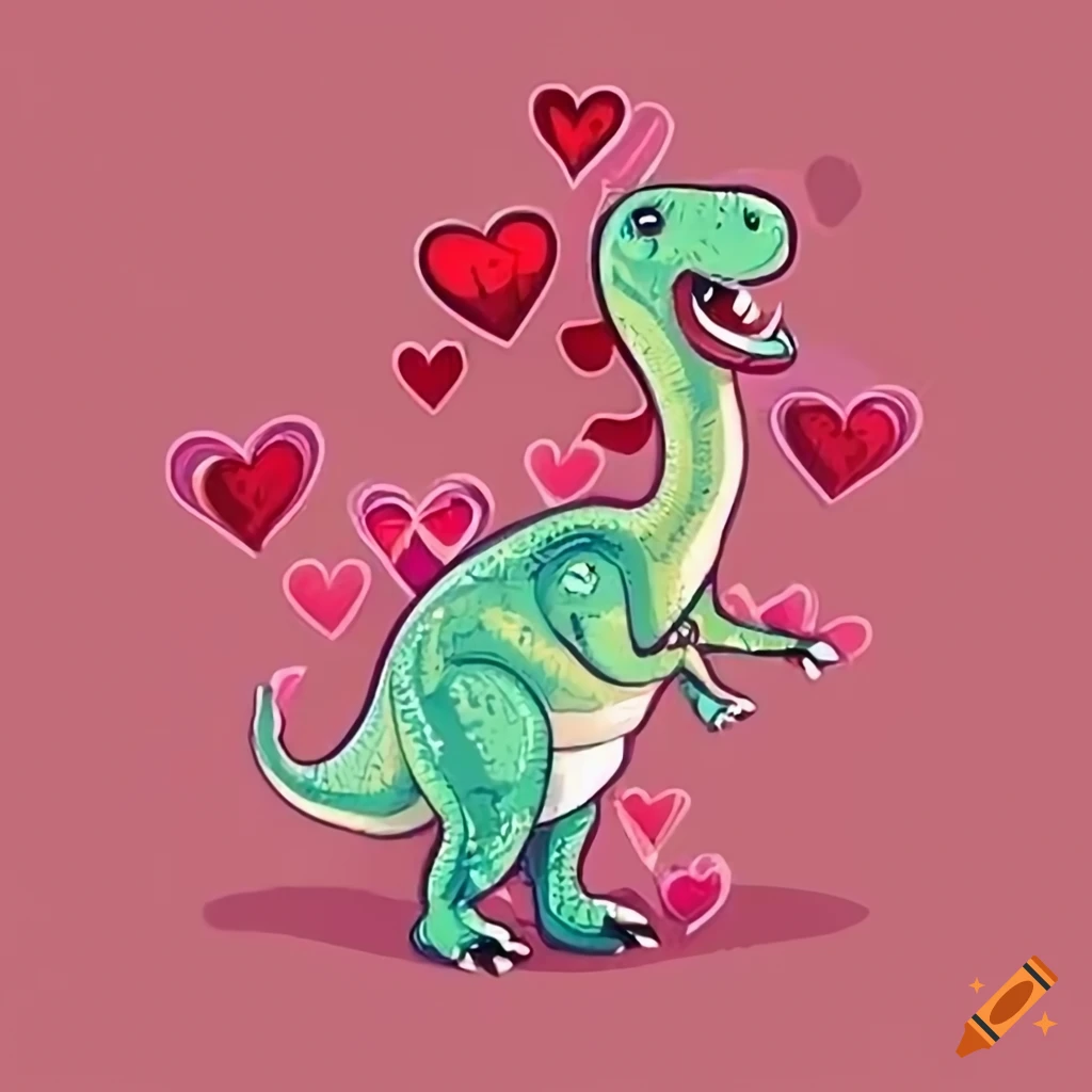 Illustration of friendly dinosaurs exchanging valentines on Craiyon