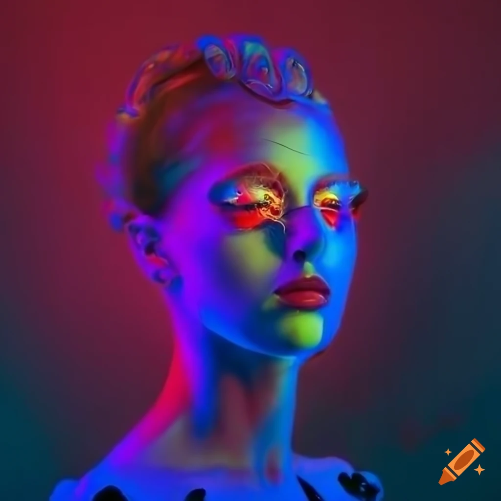 Surreal fashion model in neon colored silk clothes on Craiyon