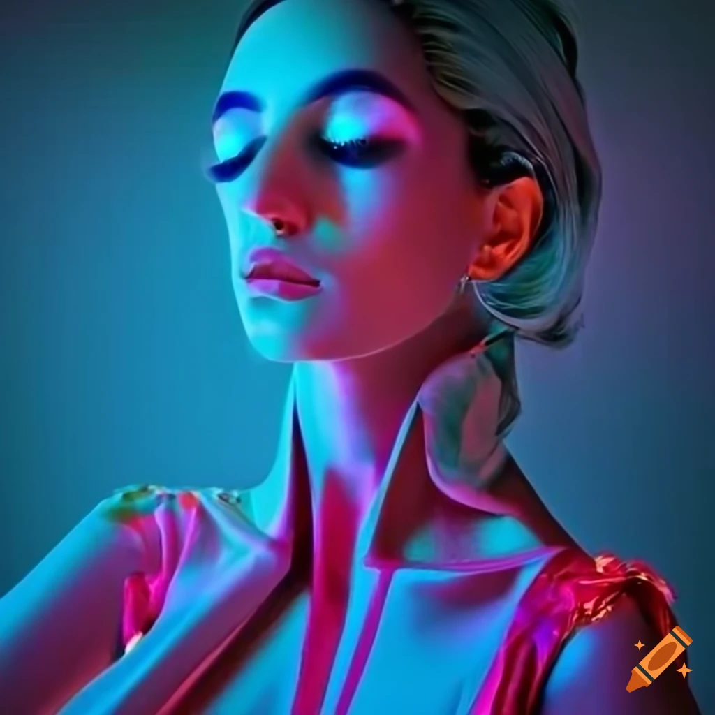 surreal fashion model in neon colored silk clothes