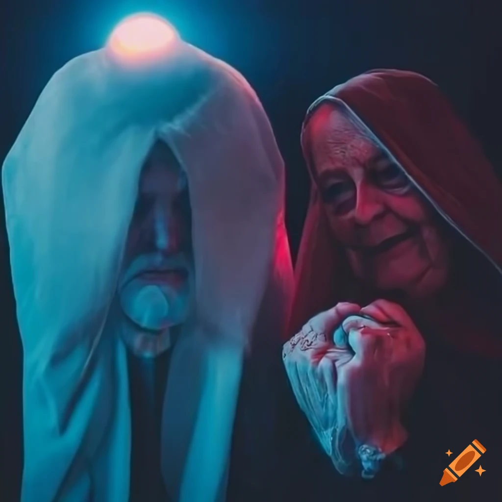 Elderly Couple In Dark Cloaks Under Neon Lights elderly-couple-in-dark-cloaks-under-neon-lights