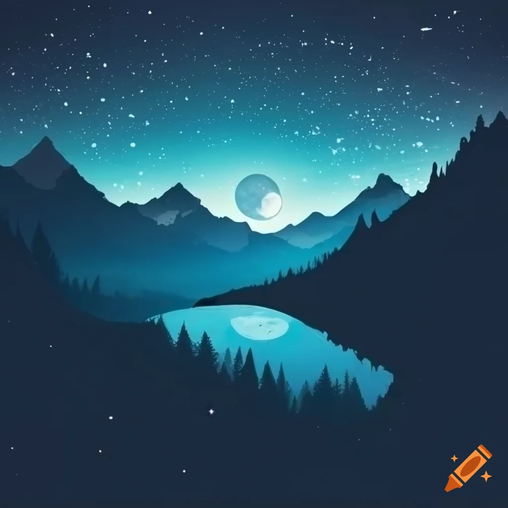 nighttime mountain landscape with stars and moon