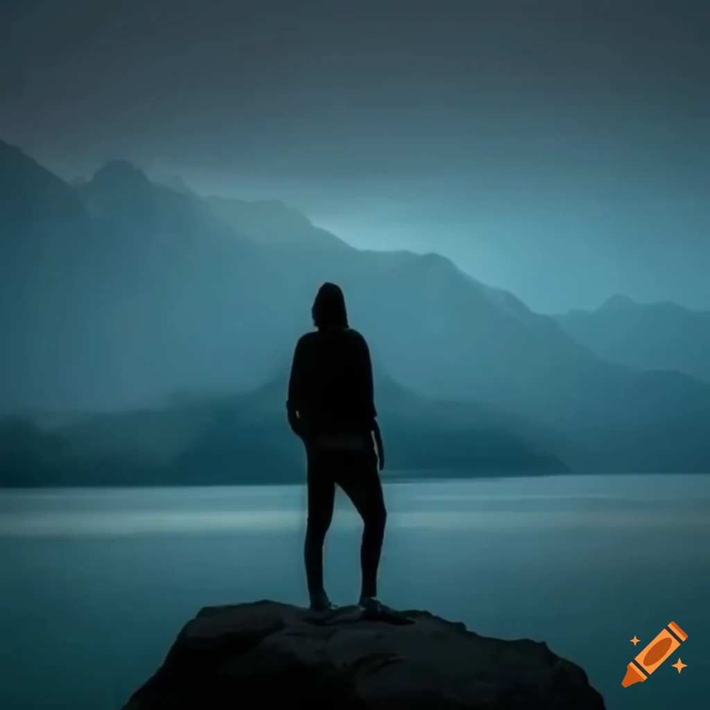 homem observando as montanhas perto de um lago