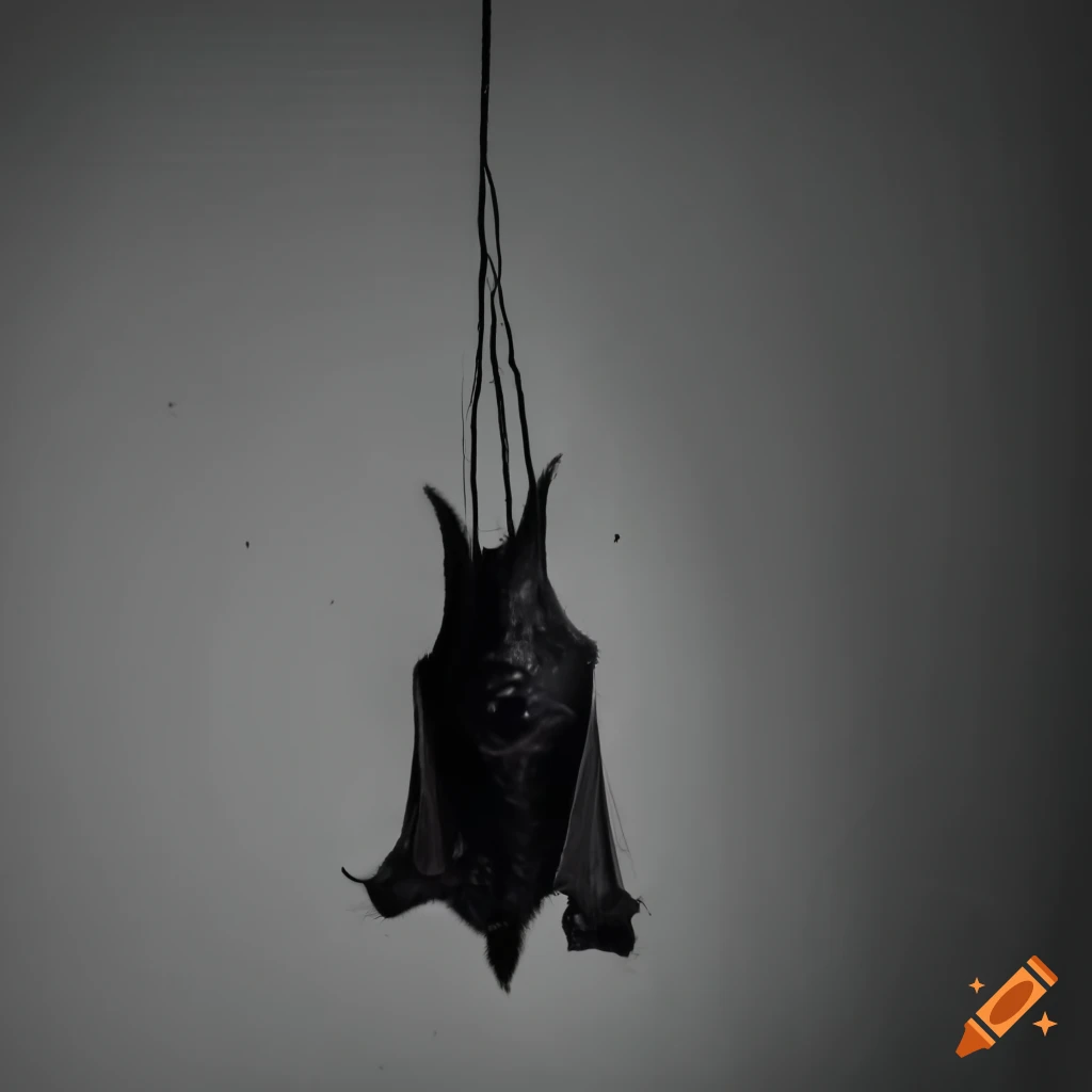 eerie image of a bat hanging from a thread