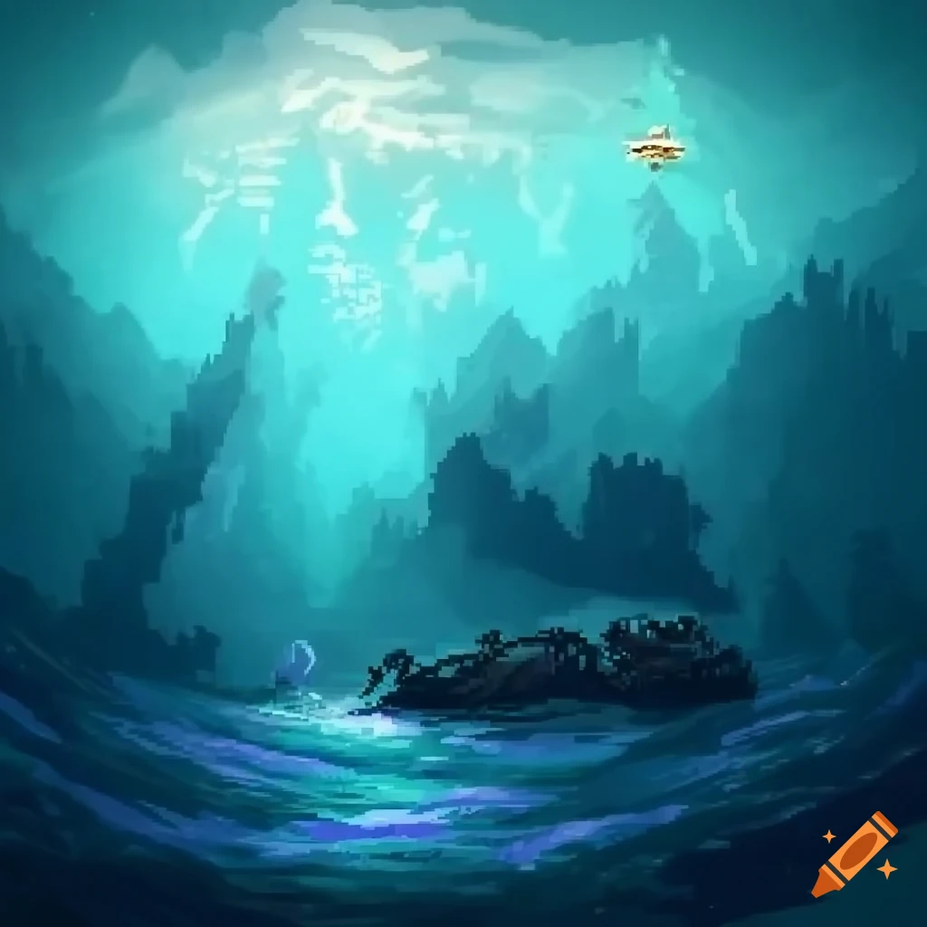 epic pixel art of a half underwater, half sunset scene