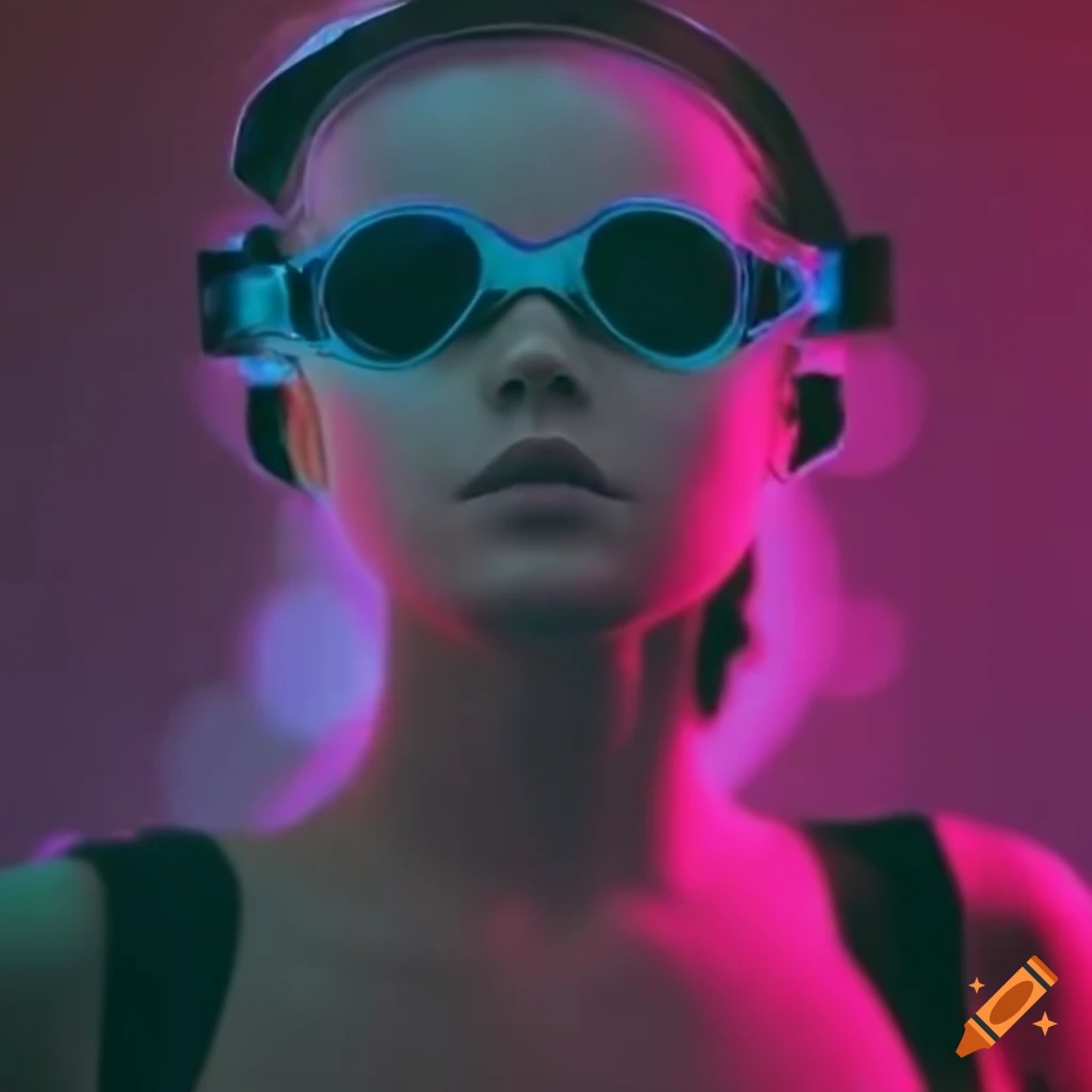 Futuristic female model with vaporwave aesthetic and swim goggles on ...