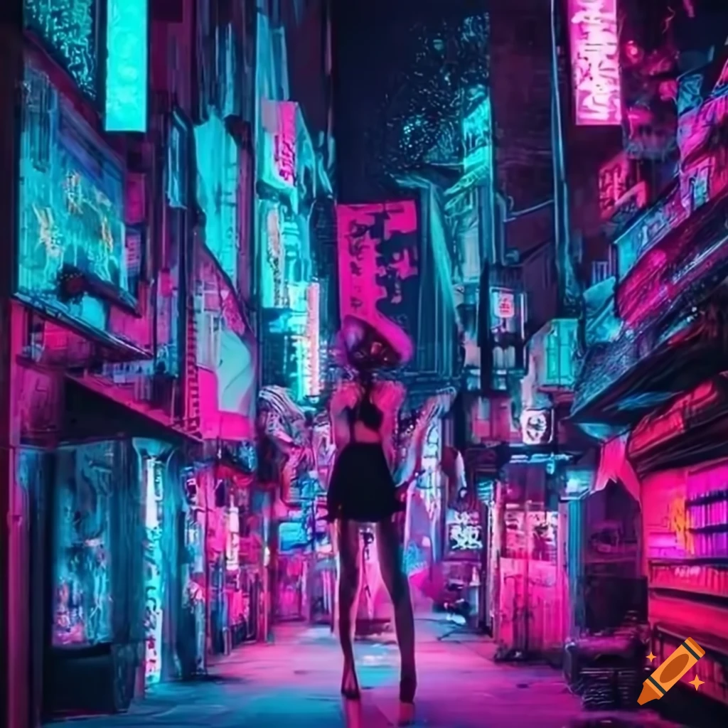 Grimes in a futuristic neon city at night