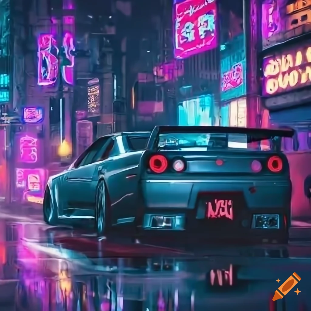 Nighttime cityscape with a nissan r34 gtr parked on a cyberpunk street ...