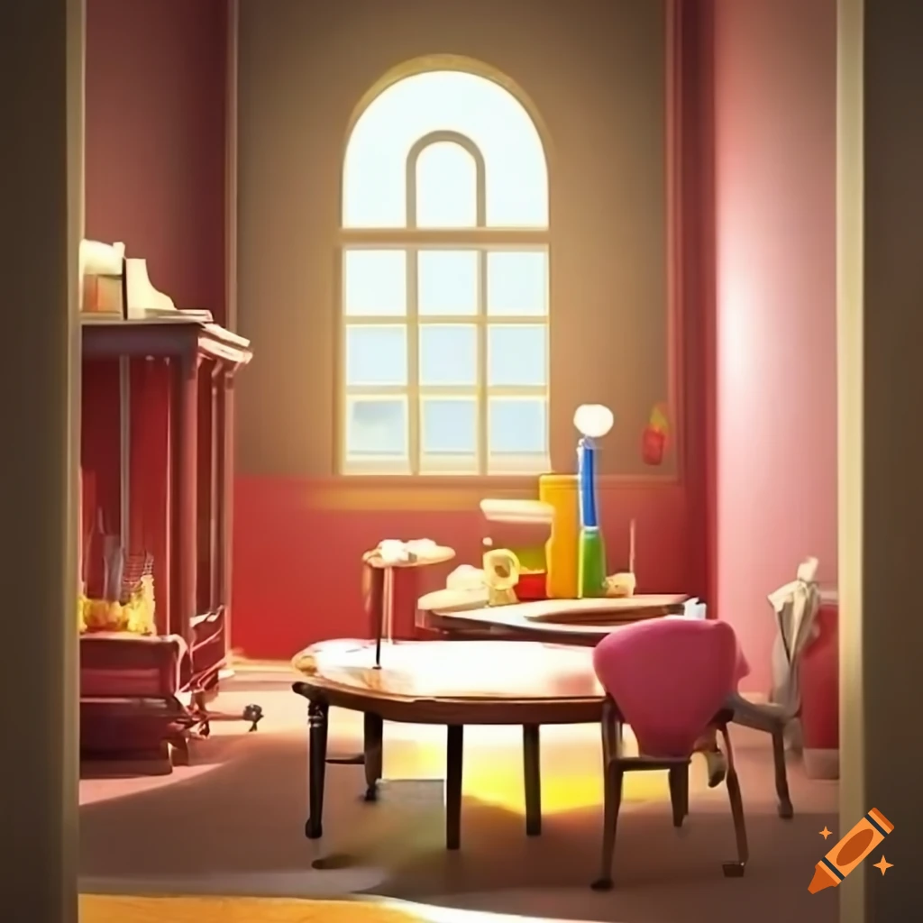 Bright beautiful room with table and picturesque lamp on Craiyon