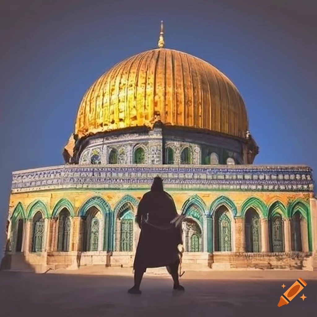 Islamic warrior standing with the flag of palestine near masjid al aqsa