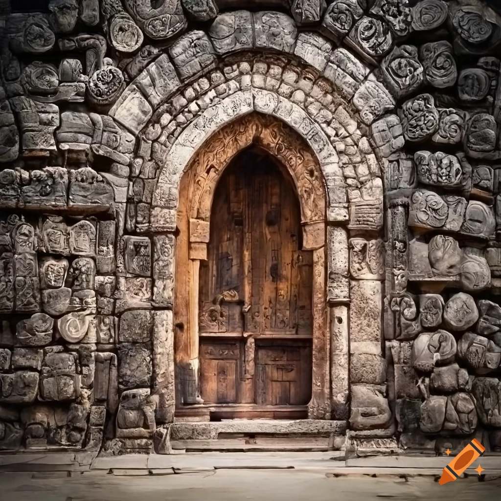 Stone doors of a european church with mayan influence on Craiyon