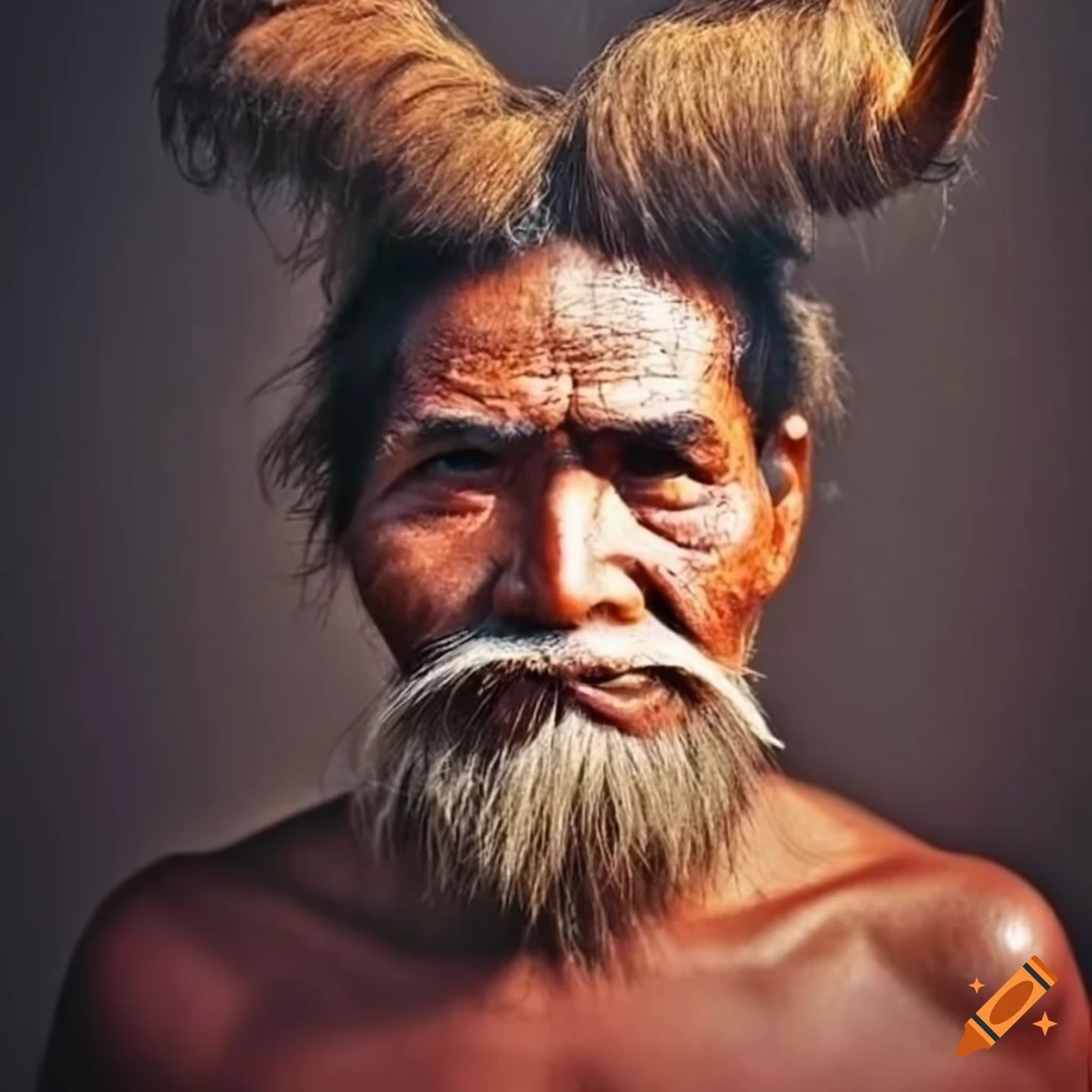 Portrait of a peruvian man with a large moustache and hair-made horns ...