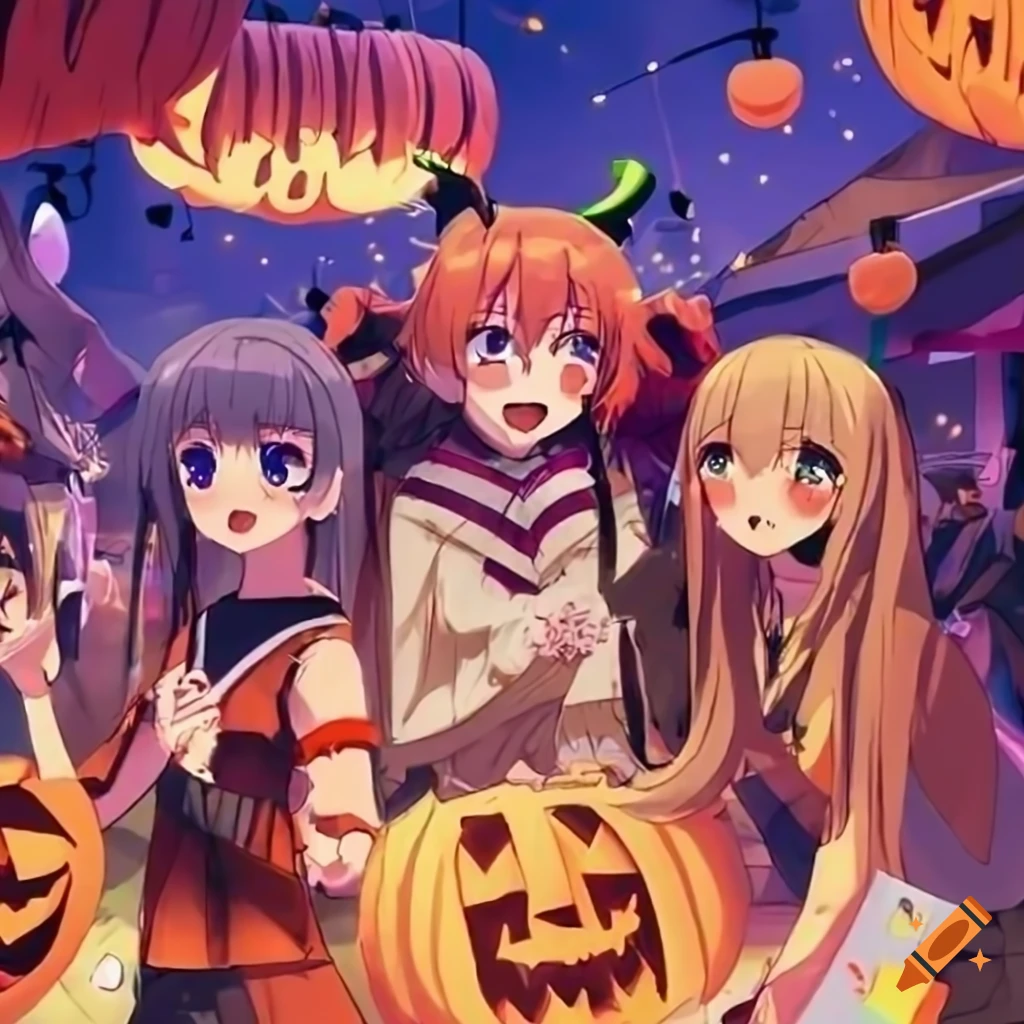 Anime girls celebrating halloween in a crowded shopping street
