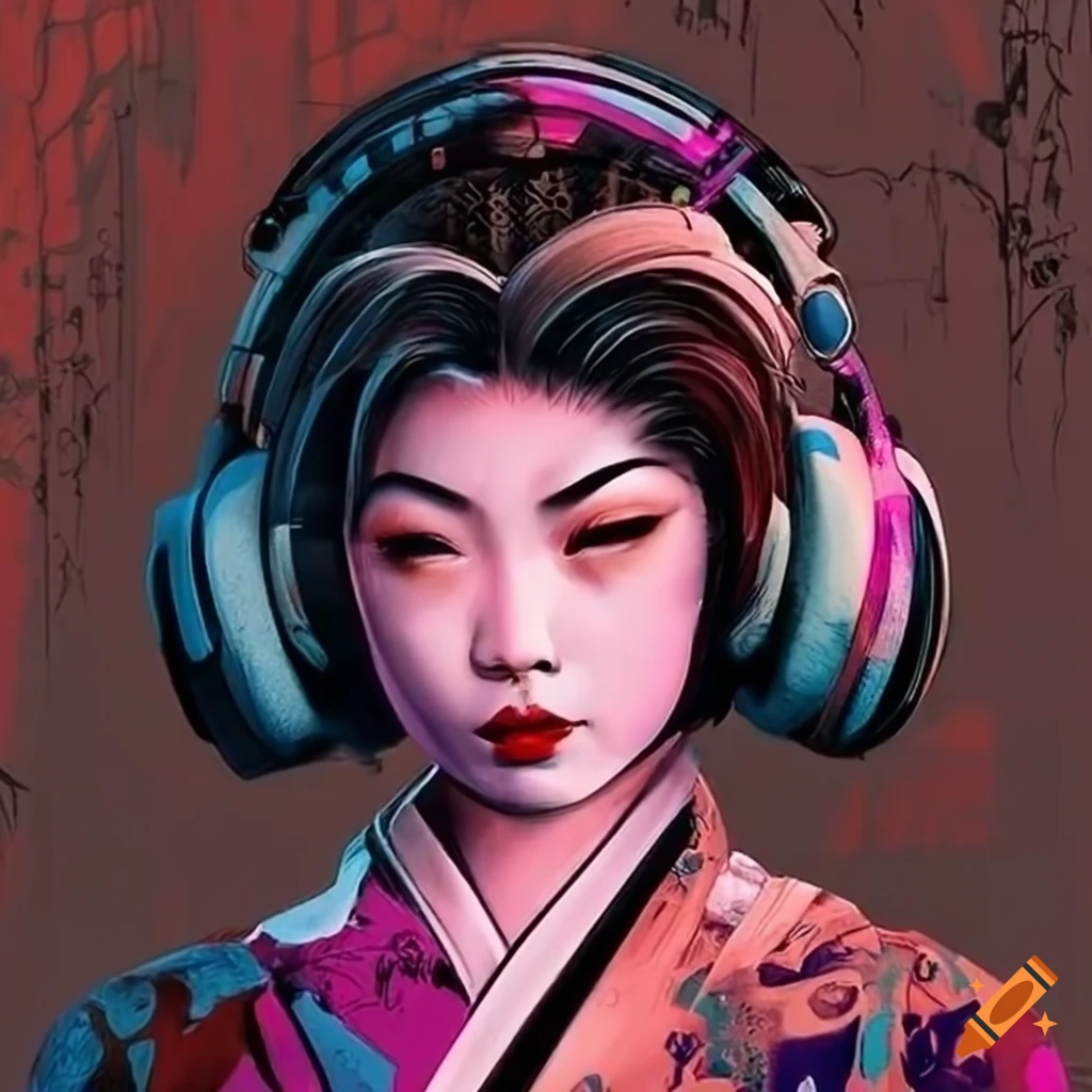 Graffiti of a geisha wearing headphones