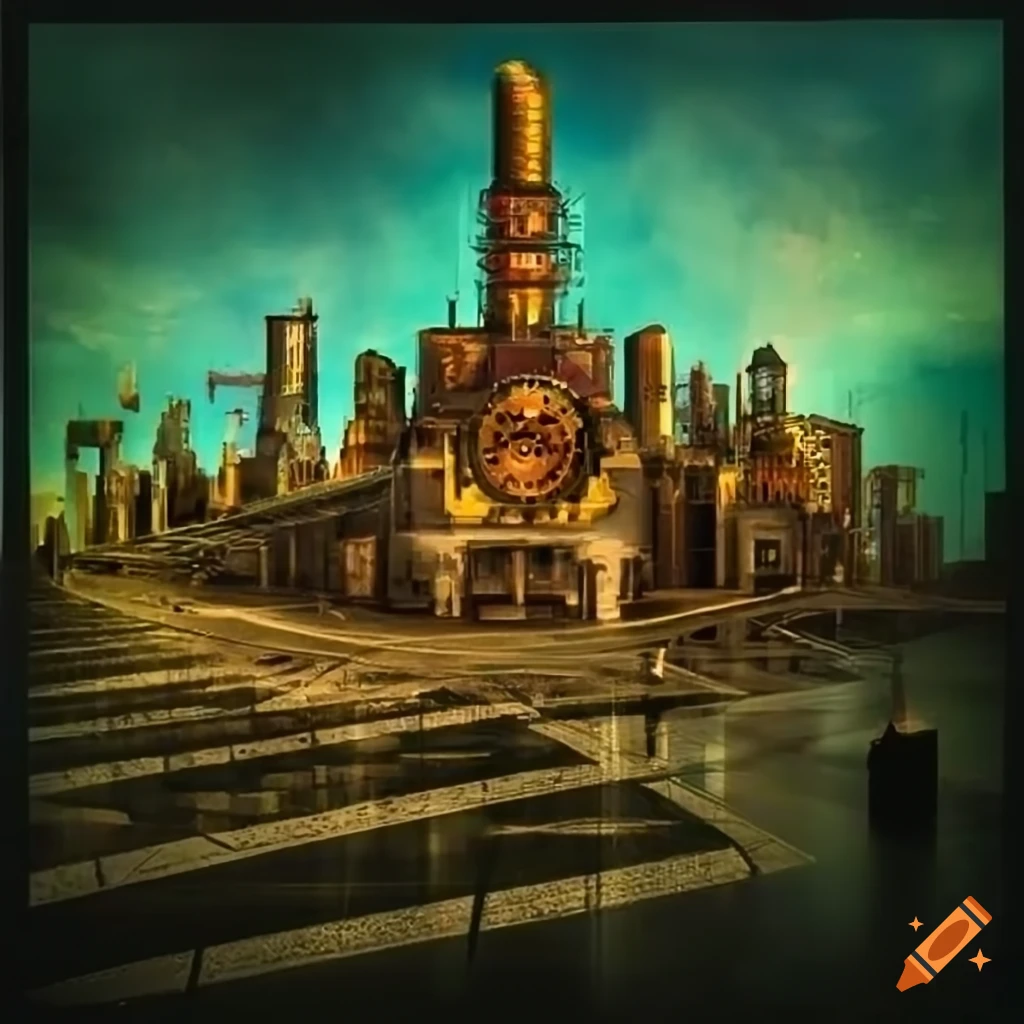 Golden, red and green steampunk cityscape