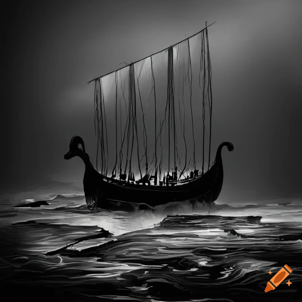 Black and white illustration of a wrecked viking ship on a foggy island