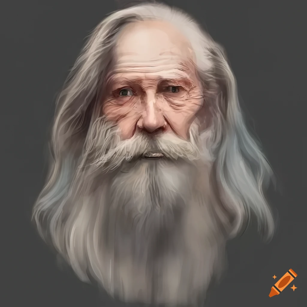 transparent watercolor portrait of an old man with gray beard and long hair