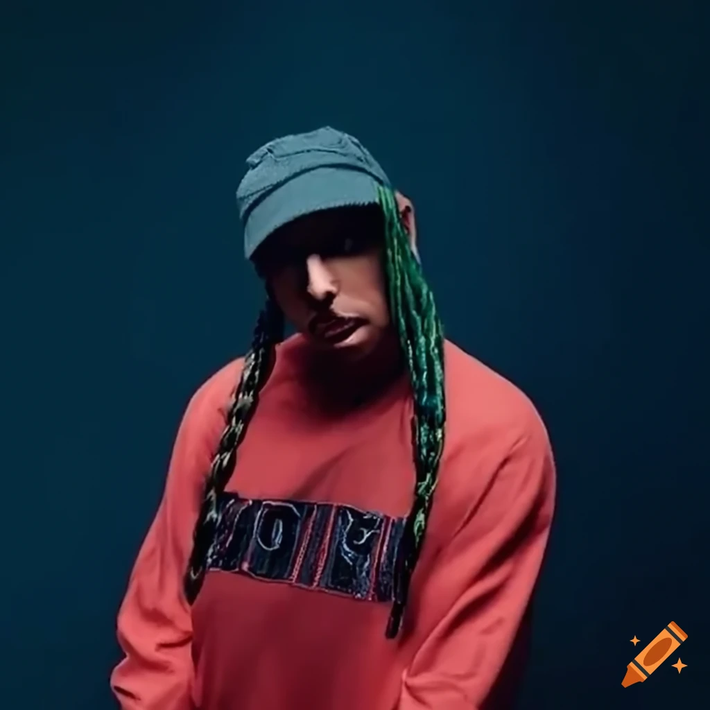 Image of a rapper with colorful braids and a provocative shirt