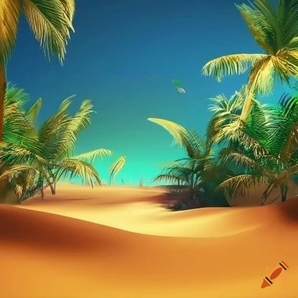 sandy desert oasis with palm trees