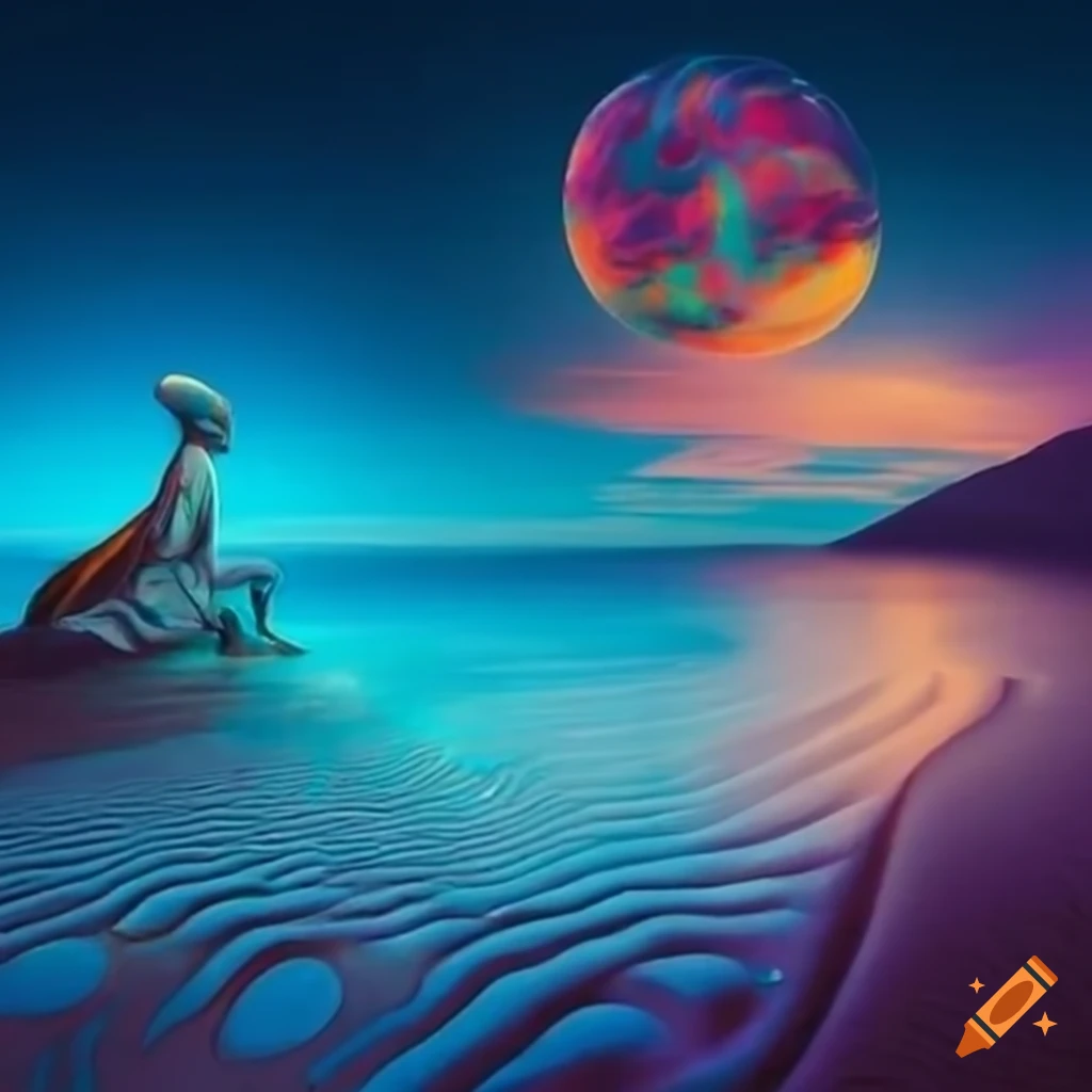psychedelic artwork of Rumi in a desert and ocean landscape