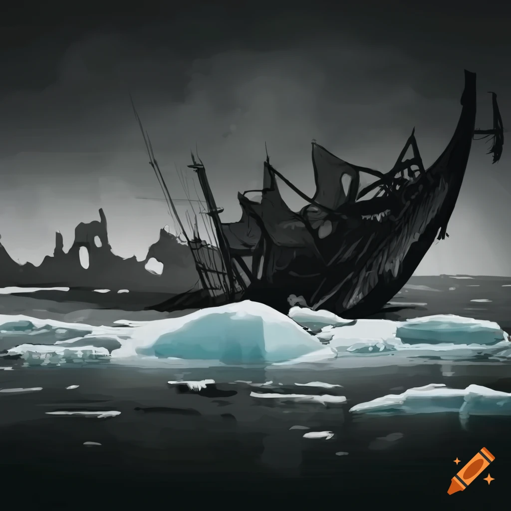 black and white illustration of a shipwrecked viking ship in a stormy ocean