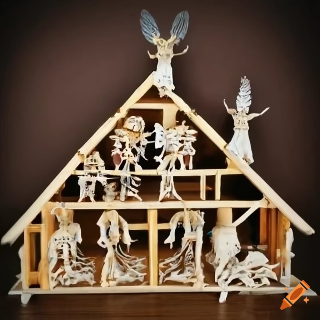 Artwork of skeletons and angels building a house on Craiyon