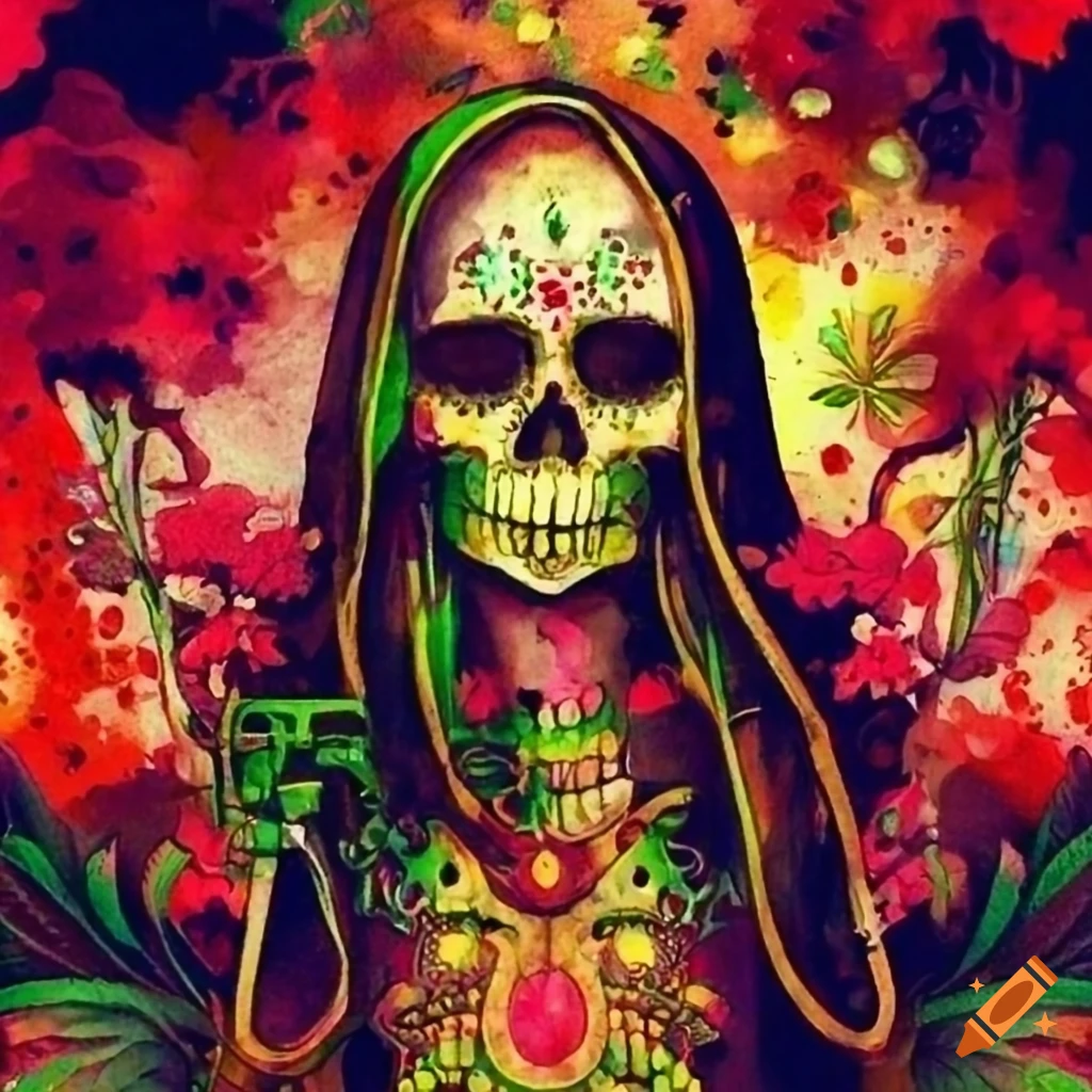 logo of Santa Muerte with guns and flowers