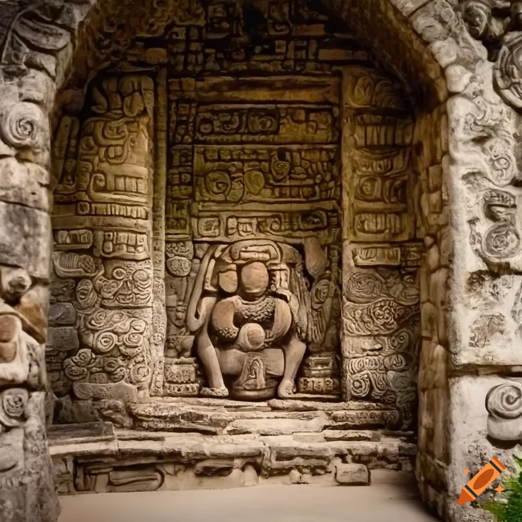 Mayan shrine in a stone room with symbolic walls