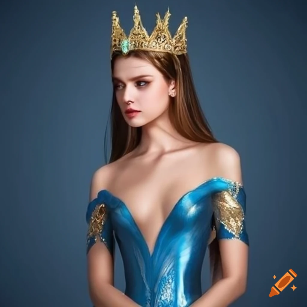 Young queen in a blue and gold dress on craiyon