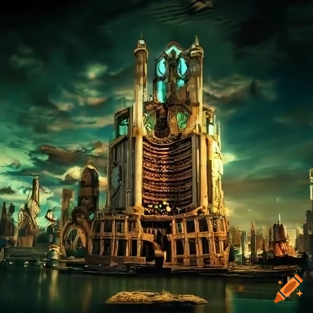 Golden, red and green steampunk cityscape on Craiyon
