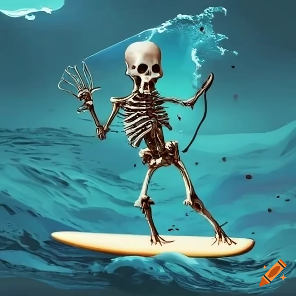 Skeleton riding a surfboard wave on Craiyon