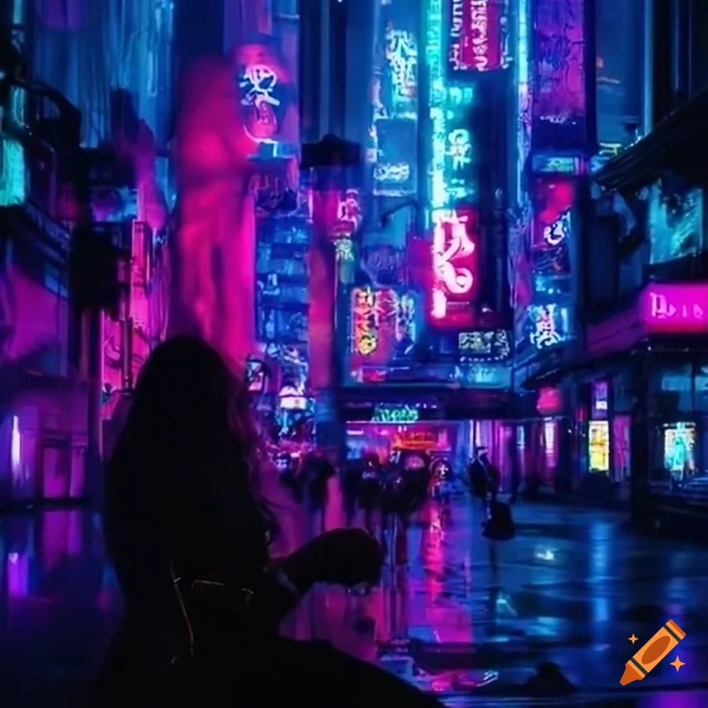 Grimes in a futuristic neon city at night