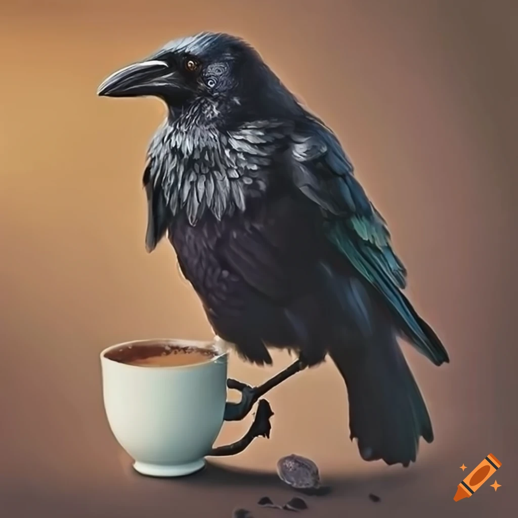crow enjoying a cup of coffee in cottagecore style