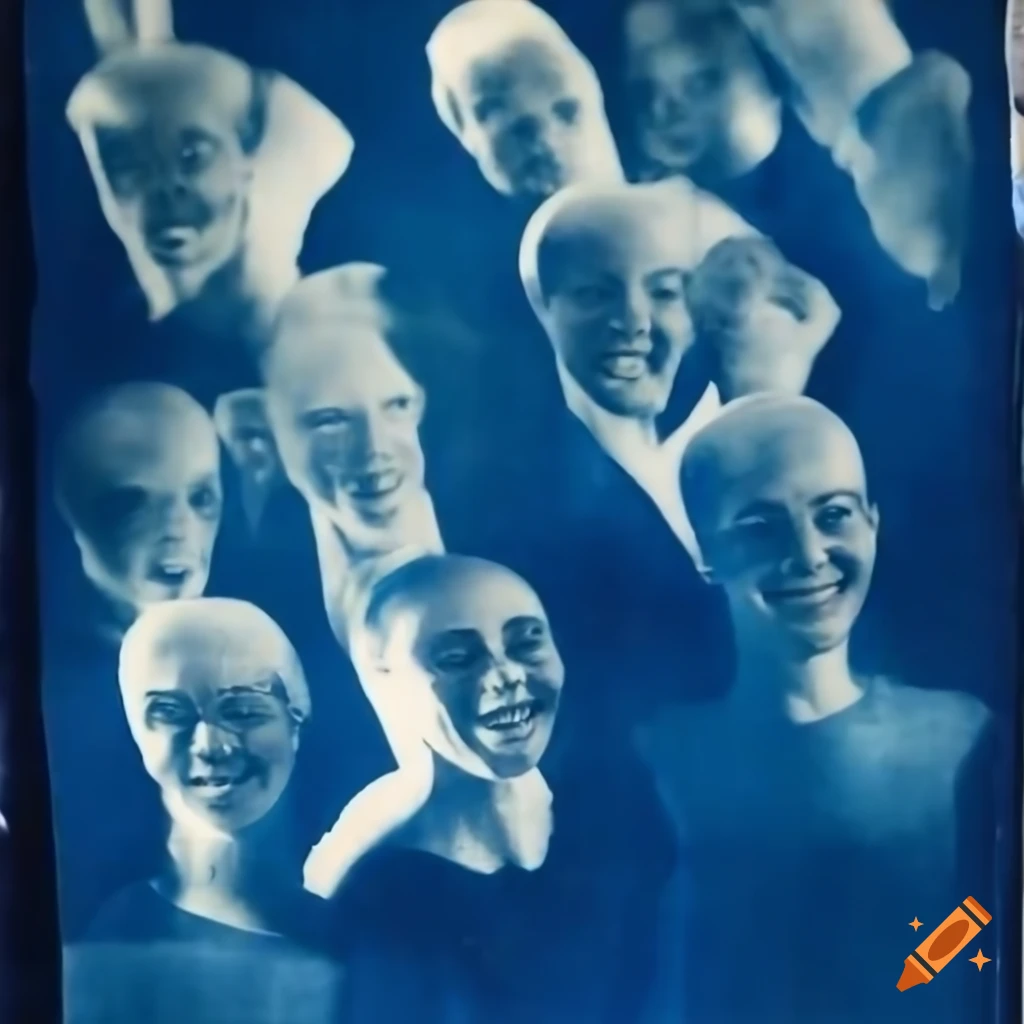 commercial poster featuring five smiling people with wires in cyanotype style