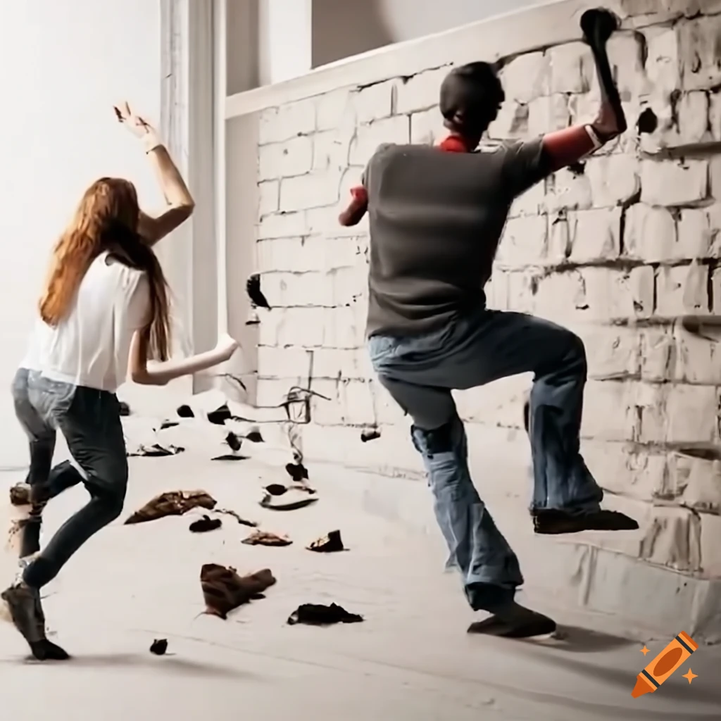 people demolishing a wall with sledgehammers