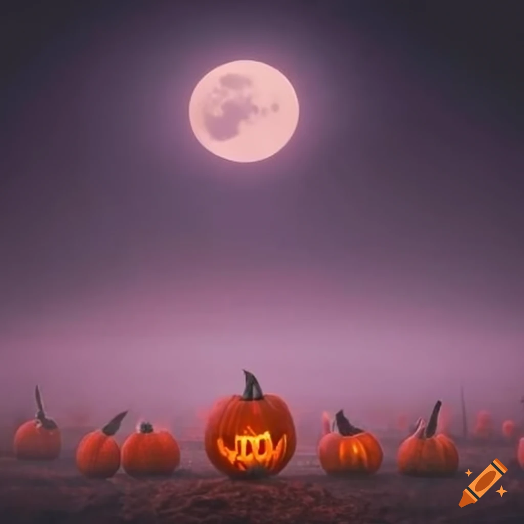 field of lit jack-o'-lanterns in the misty night